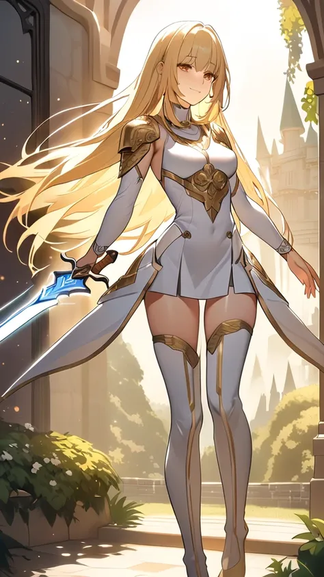 1 girl, ( Elegant Face ), smile,  blonde long hair, hime cut, (Elegant White Mini Dress :1.2),  Battle Armor with Gold Decor,  medium chest, 170 cm tall, thigh boots, Great Sword,  confident expression 
BREAK, In the rising sun , (Warm Light:1.3),  Dreamy ...