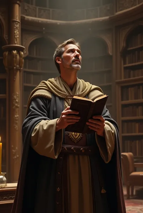 A warrior in noble robes, he has about 40 years old light brown hair, is praying in a large library while holding a book. 