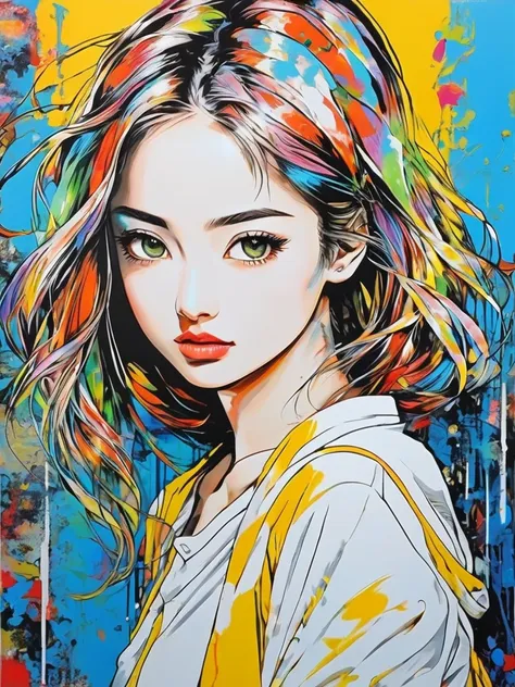 (mixed media art of manga and pure art), one beautiful girl, upper body, acrylic painting, pop art:1.32, no lines, masterpiece, ...