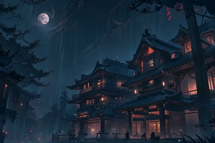 a beautiful, mysterious, large japanese-style mansion with a big moon in the night sky, detailed night scenery, cinematic lighting, highly detailed, 8k, realistic, dramatic, moody atmosphere, warm color tones, volumetric lighting, intricate architectural d...