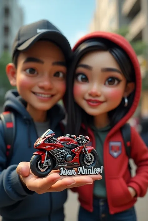 3D caricature pilipino couples hoodie jocket redof a in a, keychain with motorcycle Kawasaki ninja white in the palm of her hand. High quality realistic photo, and there is the name "jean abner" in 3D letter style, embossed and realistic,red blue, inknium ...