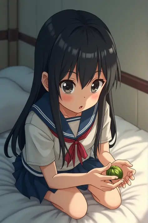 a black haired japanese schoolgirl sitting on a bed eating a small cocoon 