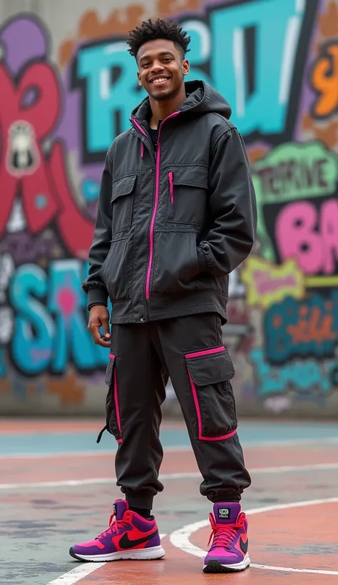  Cargo in black with pink stripe pattern ,  standing alone with Cool style on a basketball court full of cool writing graffiti images,  smiling,  HD photo looking forward half body photo , uncut head 