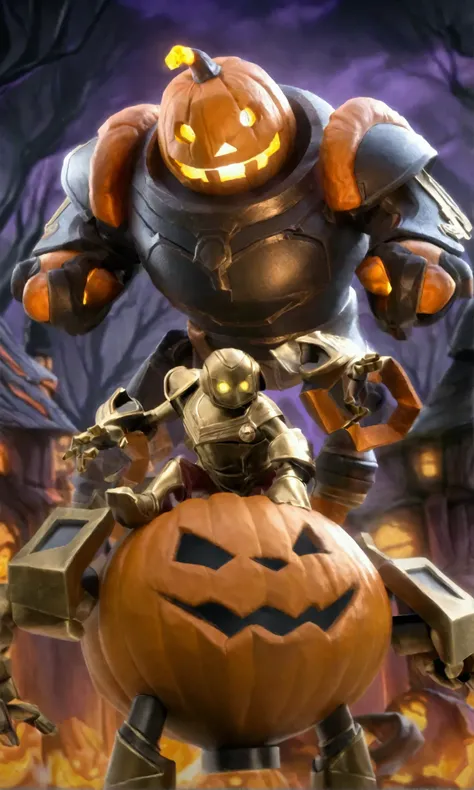 (Hyper realistic) (League of Legends Blitzcrank, Steam Powered Golem styled as a Halloween horror, bright Jack O Lanterns on each shoulder, Orange and black color scheme with brass high lights, his chest is now a bronze Jacko o Lantern themed Hellfire furn...