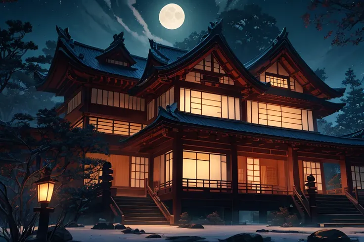 a beautiful, mysterious, large japanese-style mansion with a big moon in the night sky, detailed night scenery, cinematic lighting, highly detailed, 8k, realistic, dramatic, moody atmosphere, warm color tones, volumetric lighting, intricate architectural d...