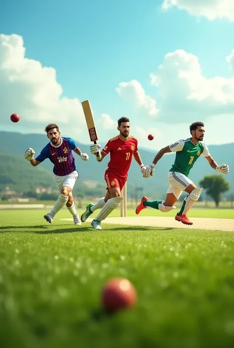 L. Messi , Neymar Jr , C. Ronaldo playing cricket in the cricket field