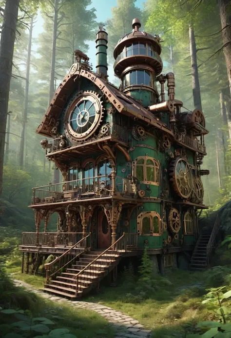 cogstyle, fantasy home in the forest made of small gears, steampunk, forest made of small gears, steampunk, (8k UHD video), contrasting colours