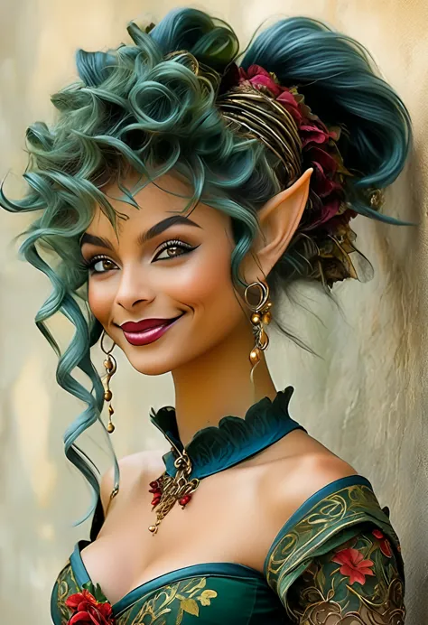 a beautiful goblin princess with dark green skin and large elf ears protruding to the side.  her attire is a corset-style dress,...