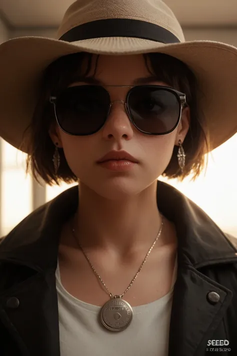 Close up of the face ,  alterminev girl ,  looking through black sunglasses ,  jacket , necklace, , the reflection of light lying on the skin, earring, cosmetics,  skin imperfections , Short hair, hat,  sun light background , Low light, Deep ,  high-profil...