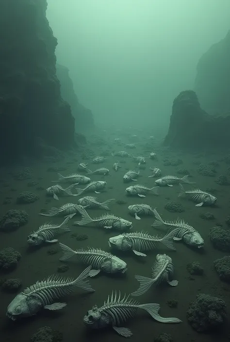 a dead aquatic biome with fish skeletons