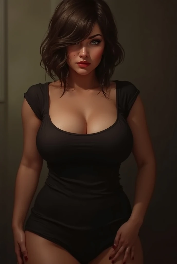 Chubby woman with big curves and beautiful breasts,  short wavy brown hair with a tight t-shirt tight around her breasts, wet and suggestively dressed 