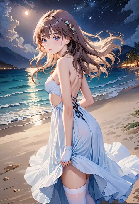 Masterpiece, Best quality, Night, stars, On the beach, Real, Realistic, incredibly_absurderes, the wallpaper, traditional_Mediums, Girl, Long hair, Wavy hair, Small breasts, Revealing dress, white thighhighs, pendant, jewelry, Fingerless gloves, arms back ...