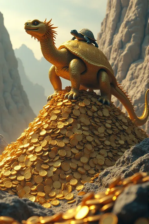 A golden dragon-turtle standing on a mountain of ancient coins, carrying a smaller turtle on its back.