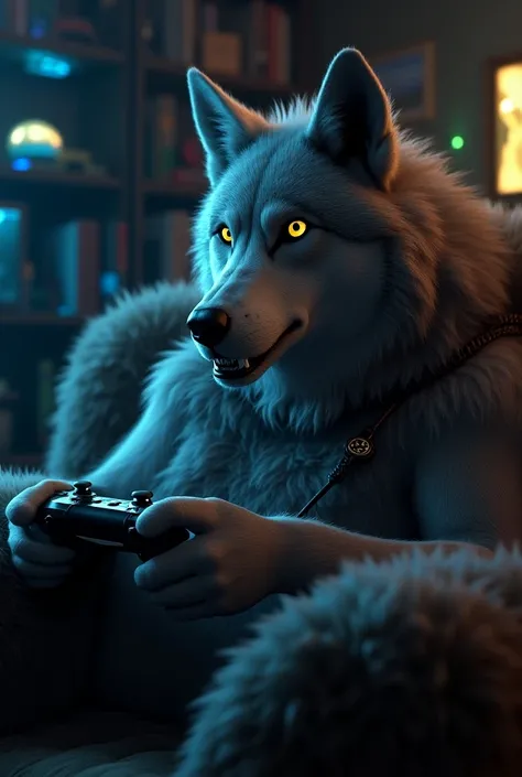 A wolf playing video games 