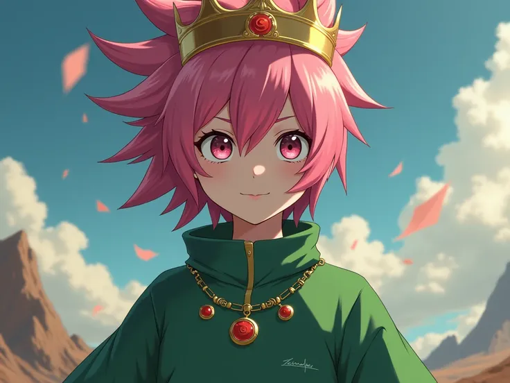  Naruto gamer with pink hair and crown, green sweater, And serious 