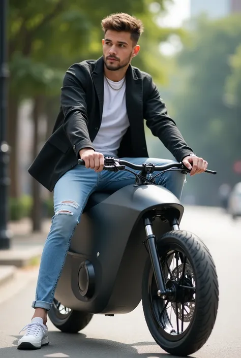 "A 23-year-old guy sits casually on his bike with stylish look with ovel shape 