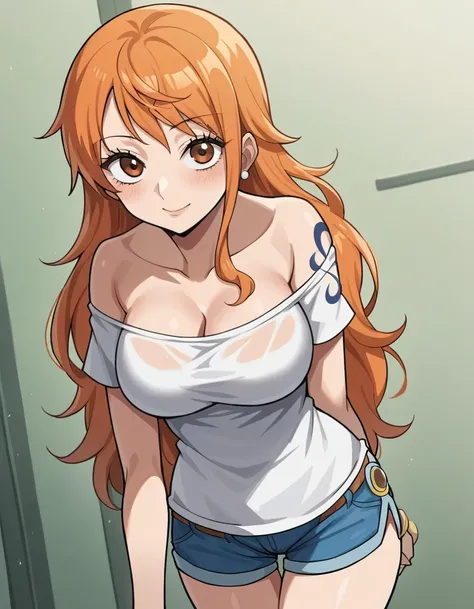 score_9_up, best quality, source_anime, 1girl, anime, Nami, orange hair, sexy, looking at the viewer, WHITE underwearSHIRT, shoulders, shorts