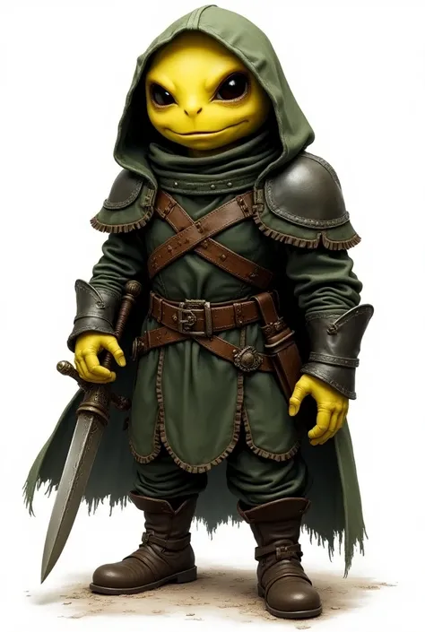 ((best quality)), ((masterpiece)), (detailed), a yellow humanoid slime ,  dark quilted leather armor and hoodie, Ladin class,  holding a dagger and slimy hands , two eye holes .  Art painting semi-realistic white background .