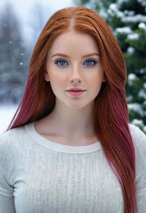 a 21 year old American girl, long straight red hair, blue eyes, portrait,front view, (full body) ,garden,snow,(best quality,8k,highres,masterpiece:1.2),ultra-detailed,(realistic,photorealistic,photo-realistic:1.37),HDR,UHD,studio lighting,sharp focus,physi...