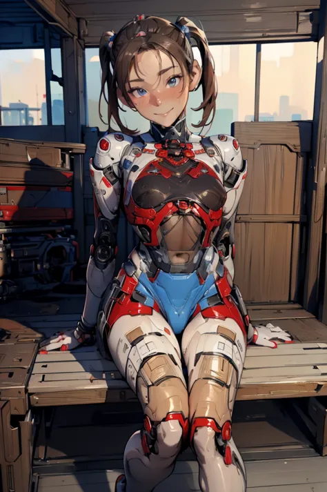 an android, brown hair, she arches her back, frontal face. android with blue eyes. her very short brown pigtails are very short ...