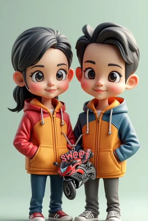 3D caricature pilipino couples hoodie jocket redof a in a, keychain with motorcycle Kawasaki ninja white in the palm of her hand. High quality realistic photo, and there is the name "sweet couple" in 3D letter style, embossed and realistic,red blue, inkniu...