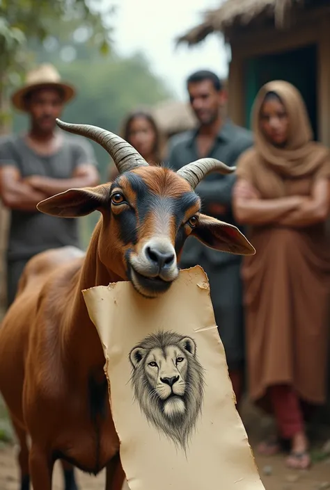 2. Goat Eating Paper: A close-up of a goat eating a piece of paper. The paper has a sketch or writing of a lion. The goat is calmly chewing, unaware, while a few curious villagers look on in the background, whispering to each other.
