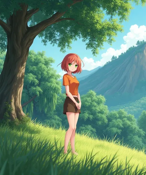  A white-skinned anime girl of  , anime To love ru,  soft lighting ,  she is standing next to a large willow tree in a forest of willows and pines,  close to it there is a steep slope of a mountain ,  with grass in abundance ,  on a day with bright sun and...