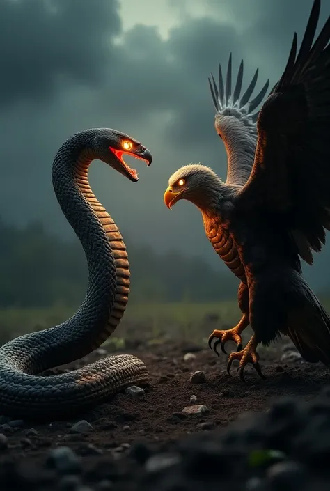 An ultra-realistic scene depicting a fierce standoff between a snake and an eagle. The snake, coiled with its head raised high, glares fiercely at the eagle, its intense eyes glowing with a fiery blaze that underscores its anger. The snakes scales shimmer ...