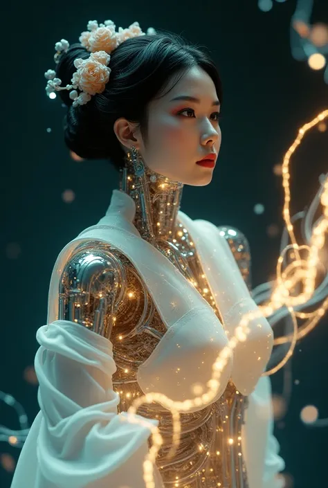 Photograph of a mid-20s asian female robot, no bra, made of glass and white and silver translucent plastic., Geisha makeup and hairstyle, The internal mechanism of the machine is made of silver metal., dynamic gesture, Flowing organic construction, glowing...