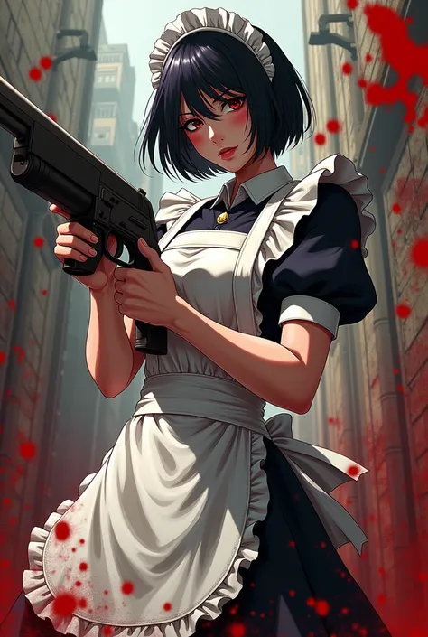 Create an image from the anime Pirates Black Lagoons, the character bloody Roberto with spectacled maid clothes with a shotgun and splashed blood