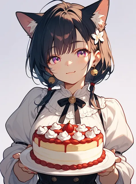 Create a cute girl in y2k clothes wearing a mature adult cat botarga costume with a cake in her hands