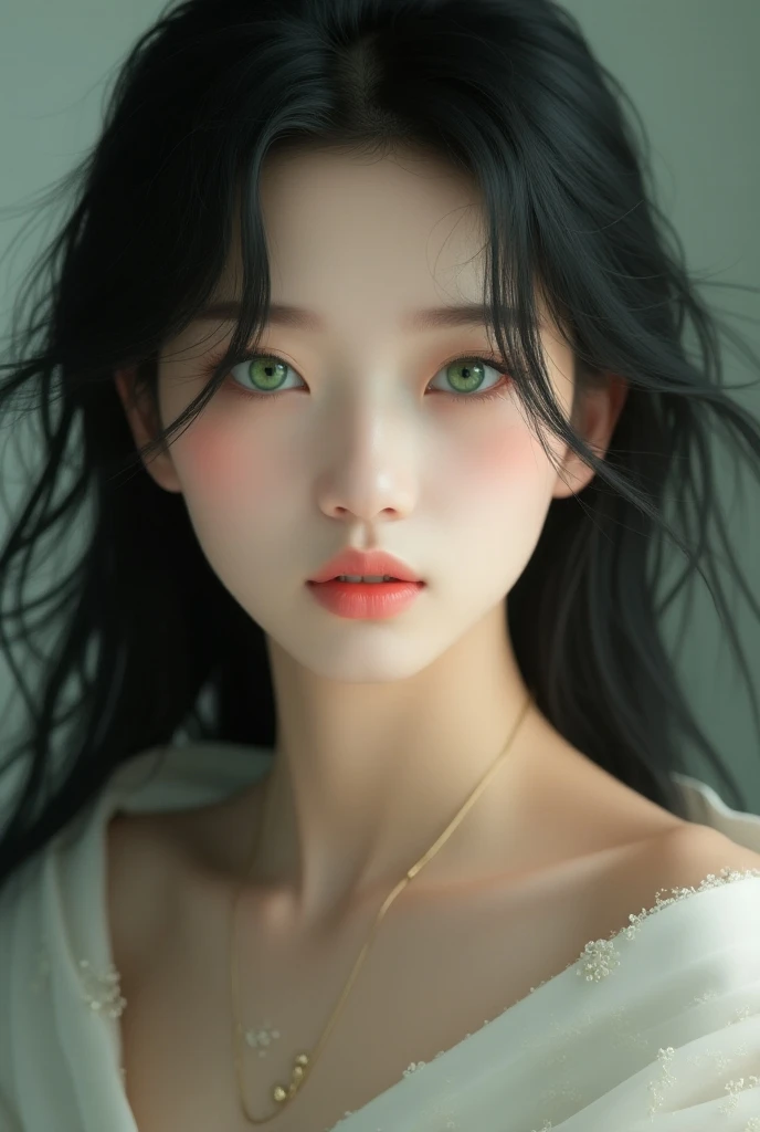 Korean girl with white complexion ,  green eyes and black hair 