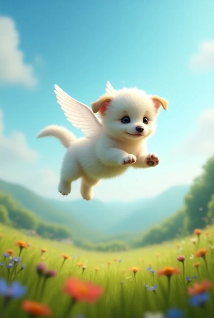 A white puppy with blue wings has descended from the sky into a field