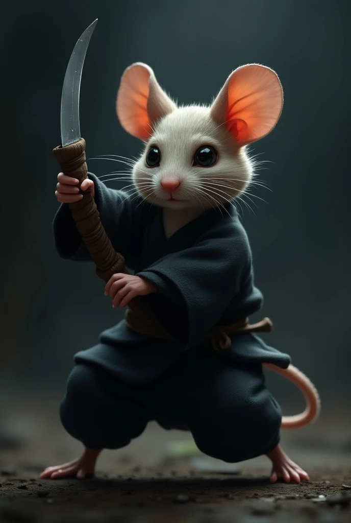  Please draw a ninja character with a small mouse。When the mouse is 々 holding a sharp shuriken 、 wearing a ninja costume 。  on a dark background 、 a scene where there is a slight sense of tension 。 the mouses expression is concentrated 」 、 poses that make ...