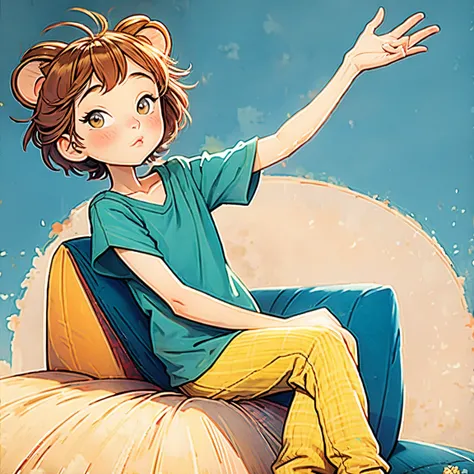 (masterpiece, best quality:1.2), watercolor painting，cartoonish character design,personification, lion girl,1 girl, alone,short hair, zzz,Wearing pajamas, holding a pillow, getting ready for bed. portrait,interesting,interesting,clean lines,(faux tradition...