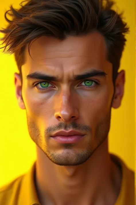  format A drawing of a man with green eyes, with PNG , And with the yellow background 