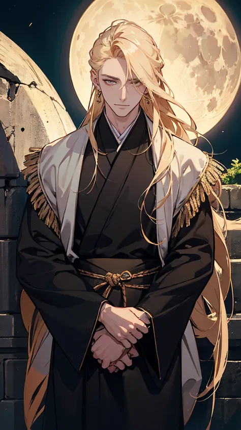 Man leaning against a wall, blond hair, long hair, broad shoulders, handsome, tall macular guy, adult, inner hair, blank eyes, hollow eyes, solid circle eyes,amber eyes, longeyelashes, crescent earrings, light smile, seductive smile, UHD, masterpiece, magi...