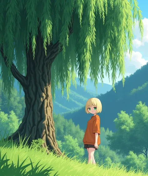  A white-skinned anime girl of  , anime To love ru,  soft lighting ,  is standing next to a large willow tree in a forest of Willows and pines,  near him there is a mountain slope ,  with grass in abundance ,  on a day with a bright sun and few clouds ,  h...