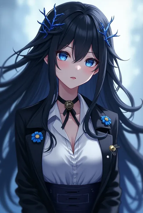 Create the full-body anime image of a   with long black hair with blue twigs,  gives light skin color .  And she wears the fruit Hana Hana on my .

personality: Shes extremely smart., But that Vivi .  She is serious and very confident in what she does ,  s...