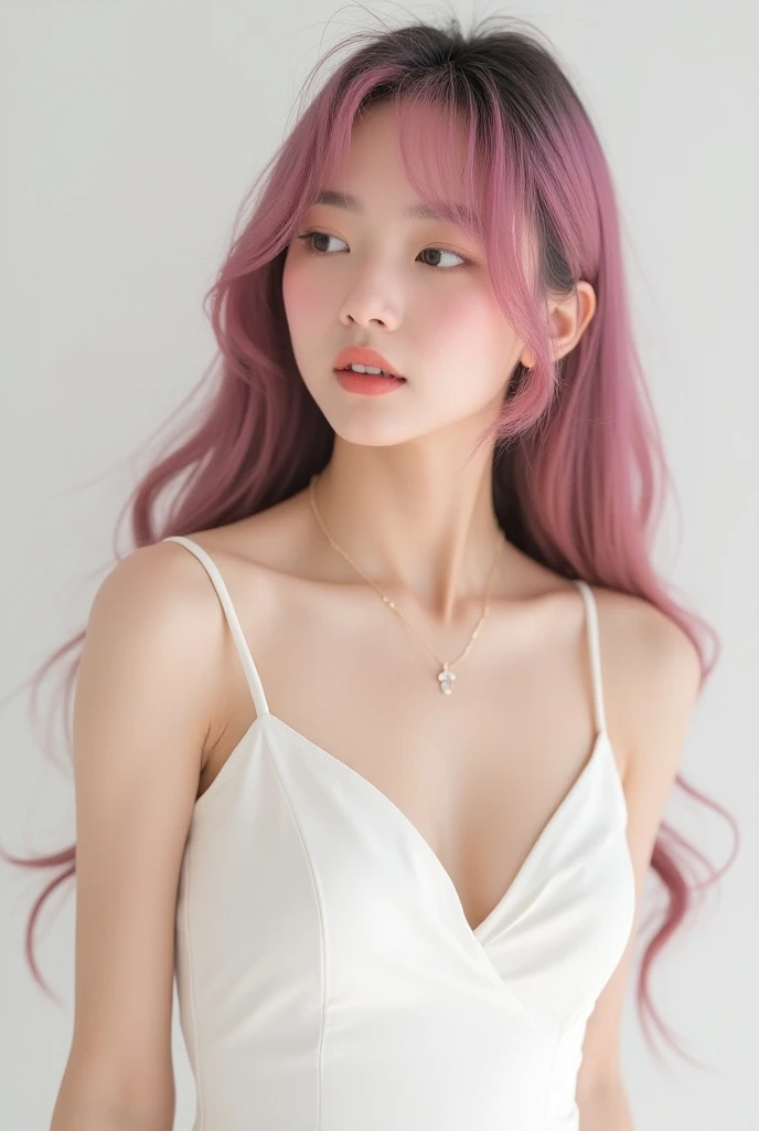 Korean ka-pop member long hair with pink bangs slim with medium breasts and white brand dress pretty young