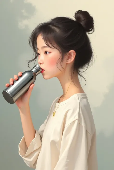 Illustration,graphics of Stanley mettalic bottle ,girl ,drinking, asthetic, 