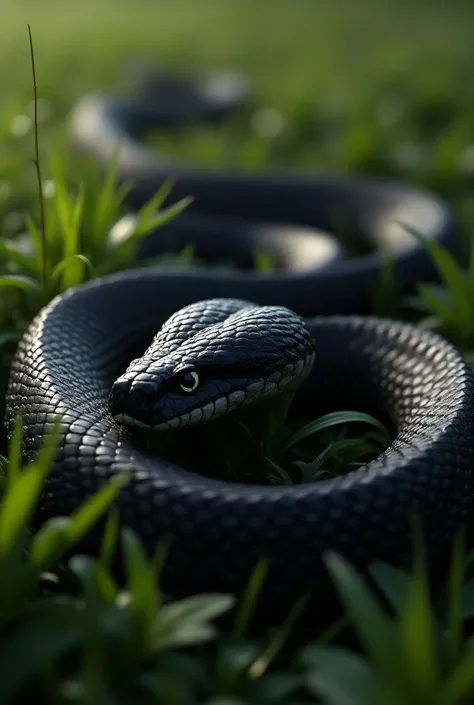 Make a very dangerous Python Black Snake in realistic grass with realistic feelings with snake
