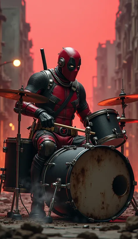 Mutant Deadpool Drumming in a Post-Apocalyptic City:
"Deadpool, with mutations that make his body cyborg-like, plays drums amidst a ruined, post-apocalyptic city. His metal claws pound the drums in sync with the booming bass. His body is layered with metal...