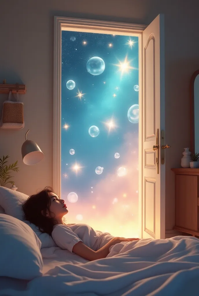 (a quiet bedroom,ordinary door on the wall becomes transparent,dreamlike world behind the door,floating colorful bubbles,shimmering starlight, on the bed,curious expression,opening her eyes,looking at the magical door,ready for an amazing adventure,best quality,4k,8k,highres,masterpiece:1.2,ultra-detailed,realistic,photorealistic,photo-realistic:1.37,HDR,UHD,studio lighting,ultra-fine painting,sharp focus,physically-based rendering,extreme detail description,professional,vivid colors,bokeh,soft warm light,cozy atmosphere,bedroom interior,nighttime scene,whimsical and enchanting,ethereal glow,sparkling particles,gentle and serene,storybook illustration,watercolor,soft pastel tones)