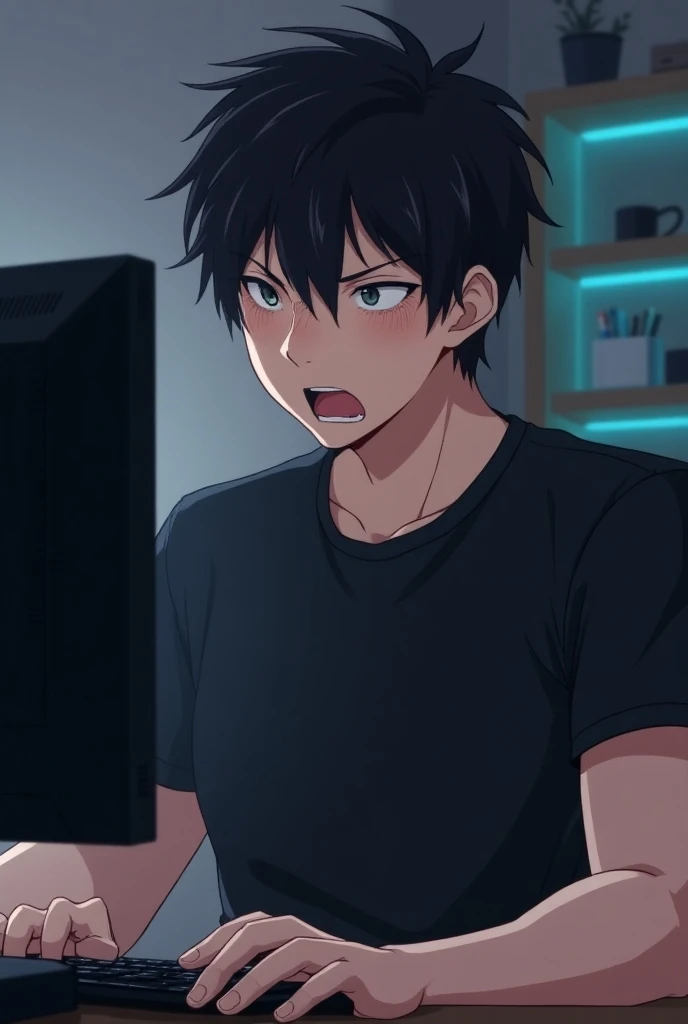 Anime teenager man looking in pc screen, just woke up, yawning,  black shirt, muscular