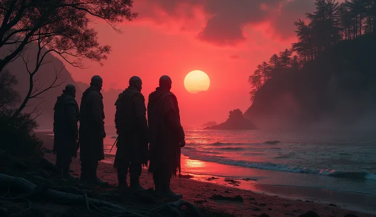 "The remaining Vikings, worn and broken, take one last look at the haunted shore, as strange whispers fill the air. The sun begins to set, casting a blood-red glow over the jungle."