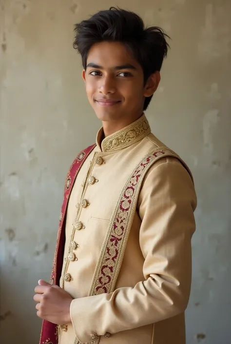 "A realistic image of a handsome 18-year-old Indian boy standing confidently in front of a simple wall. He is wearing a traditional, stylish Panjabi, adding elegance to his appearance. His expression is warm and friendly, with a calm demeanor. The backgrou...