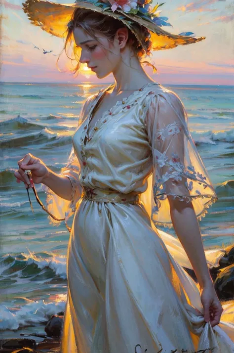 masterpiece, painting of a woman in a white dress and hat walking on the beach, elegant oil painting, inspired by Frank Weston Benson, inspired by Antonio Ciseri, inspired by Édouard Detaille, inspired by Sargent Johnson, inspired by Laurits Tuxen, elegant...