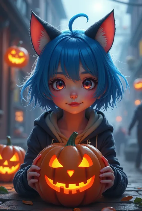  1 girl,Cat ears,Short hair,Blue hair, on Halloween 