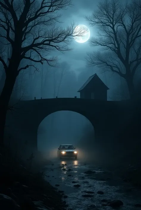 A dark forest at night with towering, eerie trees casting long shadows. A small car has stopped near an ancient stone bridge that spans a quiet, misty creek. The car headlights dimly illuminate the road and bridge, surrounded by dense, twisted trees. In th...